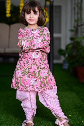 Ice-cream pink cotton block printed traditional dhoti kurta set with gota highlights for girls