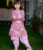 Ice-cream pink cotton block printed traditional dhoti kurta set with gota highlights for girls