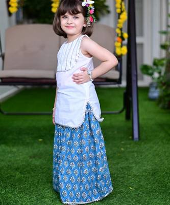 Blue white block printed cotton lehenga & sleeveless gota top set for girls 4