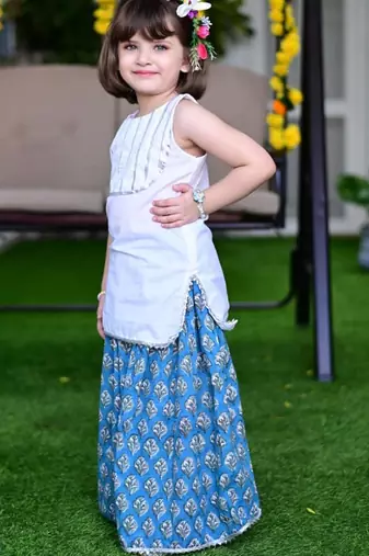 Blue white block printed cotton lehenga & sleeveless gota top set for girls