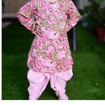 Ice-cream pink cotton block printed traditional dhoti kurta set with gota highlights for girls 2