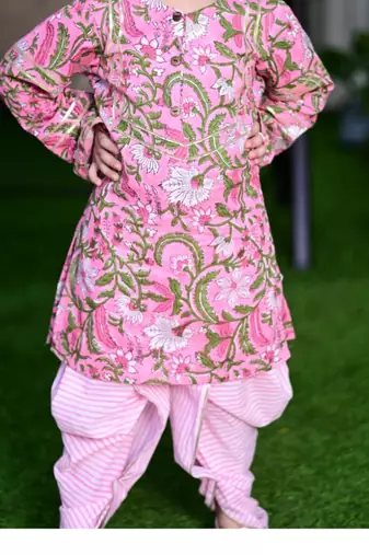 Ice-cream pink cotton block printed traditional dhoti kurta set with gota highlights for girls