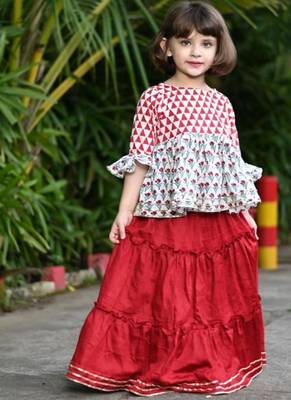 Two piece red & white traditional cotton block print long skirt top set for girls 1