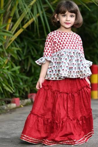 Two piece red & white traditional cotton block print long skirt top set for girls
