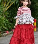Two piece red & white traditional cotton block print long skirt top set for girls