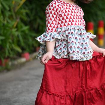 Two piece red & white traditional cotton block print long skirt top set for girls 2
