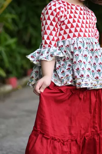Two piece red & white traditional cotton block print long skirt top set for girls