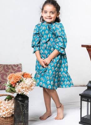 Blue block printed soft cotton long sleeves ruffled knee length dress for girls 1