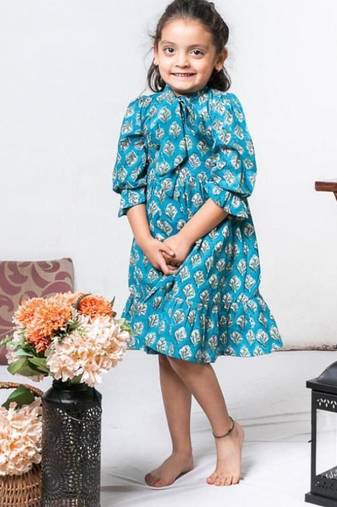 Blue block printed soft cotton long sleeves ruffled knee length dress for girls