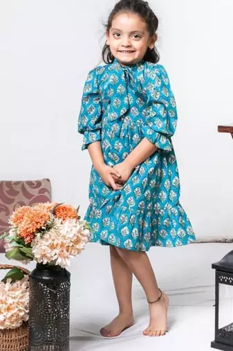 Blue block printed soft cotton long sleeves ruffled knee length dress for girls