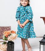 Blue block printed soft cotton long sleeves ruffled knee length dress for girls