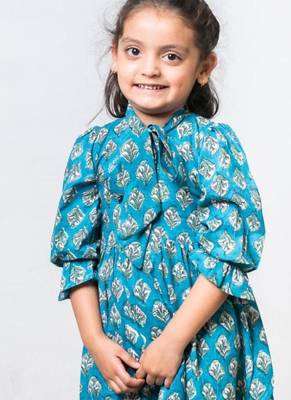 Blue block printed soft cotton long sleeves ruffled knee length dress for girls 2