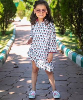 White chintz block printed cotton asymmetrical ruffle shorts dress for girls 1