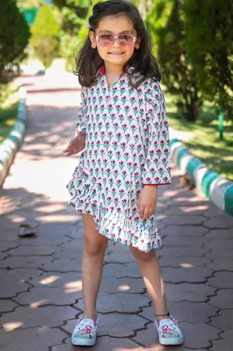 White chintz block printed cotton asymmetrical ruffle shorts dress for girls