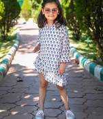 White chintz block printed cotton asymmetrical ruffle shorts dress for girls