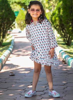 White chintz block printed cotton asymmetrical ruffle shorts dress for girls 2