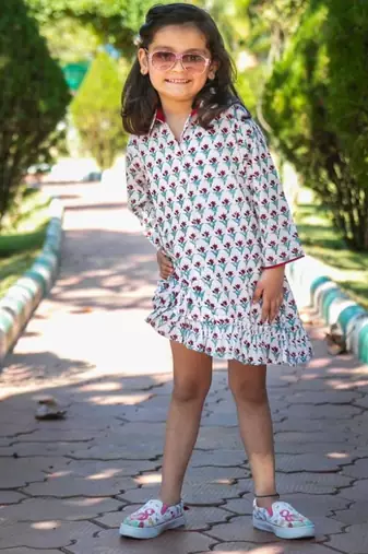 White chintz block printed cotton asymmetrical ruffle shorts dress for girls