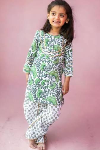 Two piece cotton block print green white dhoti kurta set for girls