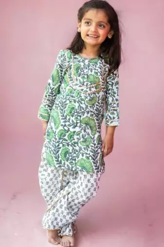 Two piece cotton block print green white dhoti kurta set for girls