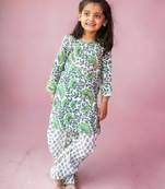 Two piece cotton block print green white dhoti kurta set for girls