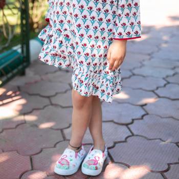 White chintz block printed cotton asymmetrical ruffle shorts dress for girls 3