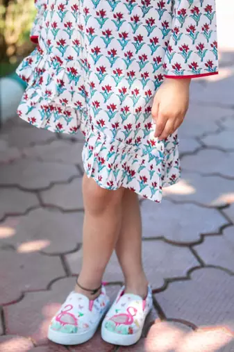 White chintz block printed cotton asymmetrical ruffle shorts dress for girls