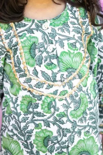 Two piece cotton block print green white dhoti kurta set for girls