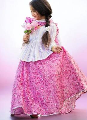 Three piece cotton block print pink and white floral lehenga peplum top dupatta set 1