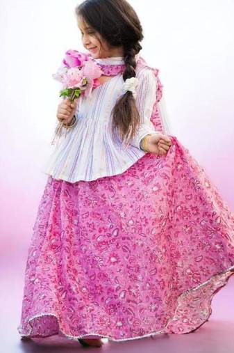 Three piece cotton block print pink and white floral lehenga peplum top dupatta set