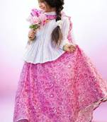 Three piece cotton block print pink and white floral lehenga peplum top dupatta set