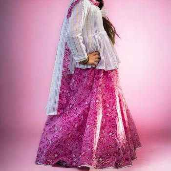 Three piece cotton block print pink and white floral lehenga peplum top dupatta set 2
