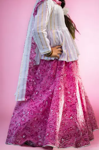 Three piece cotton block print pink and white floral lehenga peplum top dupatta set