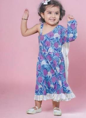 Blue cotton block print one shoulder sleeveless long indo-western dress with a white drape for girls 1