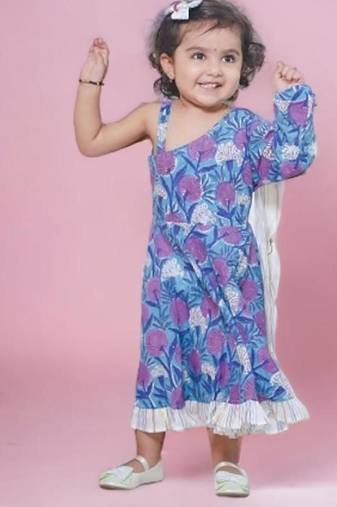 Blue cotton block print one shoulder sleeveless long indo-western dress with a white drape for girls