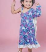 Blue cotton block print one shoulder sleeveless long indo-western dress with a white drape for girls