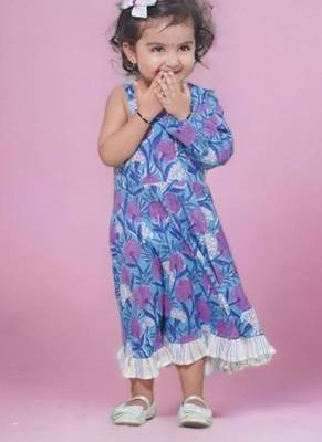 Blue cotton block print one shoulder sleeveless long indo-western dress with a white drape for girls 2