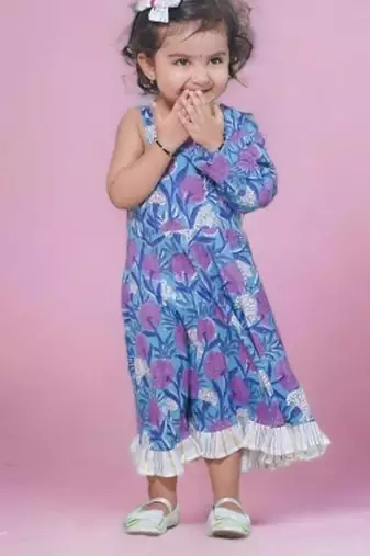 Blue cotton block print one shoulder sleeveless long indo-western dress with a white drape for girls