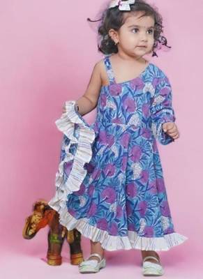 Blue cotton block print one shoulder sleeveless long indo-western dress with a white drape for girls 3
