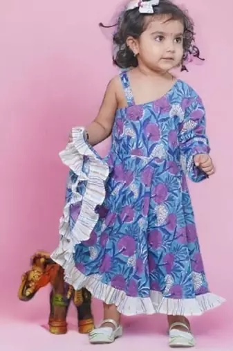 Blue cotton block print one shoulder sleeveless long indo-western dress with a white drape for girls