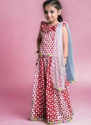 Three piece cotton block print red and white traditional lehenga/chaniya choli dupatta set for girls 1