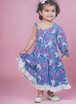 Blue cotton block print one shoulder sleeveless long indo-western dress with a white drape for girls 4