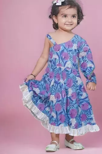 Blue cotton block print one shoulder sleeveless long indo-western dress with a white drape for girls