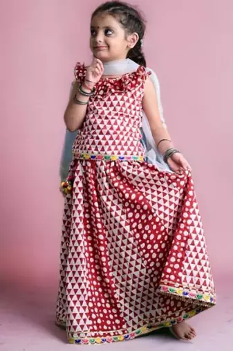 Three piece cotton block print red and white traditional lehenga/chaniya choli dupatta set for girls