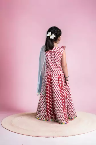 Three piece cotton block print red and white traditional lehenga/chaniya choli dupatta set for girls