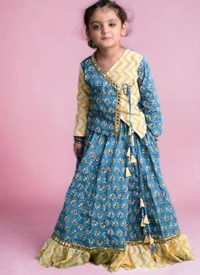 Two piece blue yellow cotton block printed lehenga choli set with frills and tassels for girls 1
