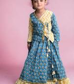 Two piece blue yellow cotton block printed lehenga choli set with frills and tassels for girls