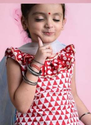 Three piece cotton block print red and white traditional lehenga/chaniya choli dupatta set for girls 4