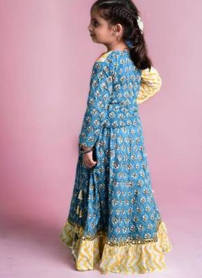 Two piece blue yellow cotton block printed lehenga choli set with frills and tassels for girls 2