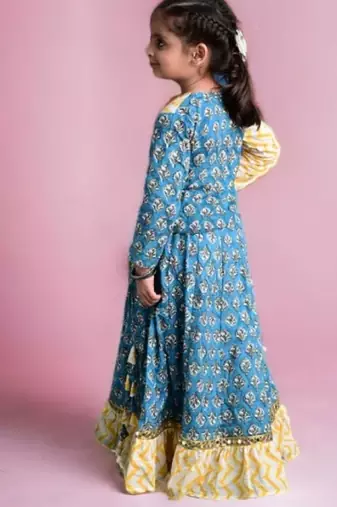 Two piece blue yellow cotton block printed lehenga choli set with frills and tassels for girls