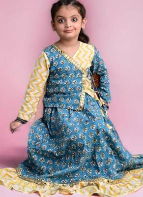 Two piece blue yellow cotton block printed lehenga choli set with frills and tassels for girls 4